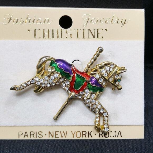 Vintage Carousel Horse Rhinestone Brooch, Red Green Enamel, Taiwan, 2 Inches - Picture 2 of 10